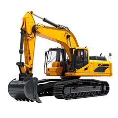 A large yellow earthmoving machine with tracks and a bucket, isolated on black