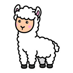 Cartoon Llama Illustration with White Fleece and Rosy Cheeks Standing on Transparent Background