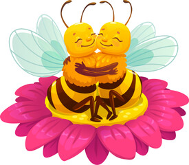 Cartoon cheerful honey bee characters couple hugging each other while sitting on a bright pink flower. Cute vector insects pair personages in love exude romantic springtime vibe. Apiary or love symbol