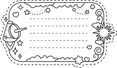 Fototapeta premium Space stars and rockets kids memo note template. Kids scrapbook checklist, memo note vector template. Child diary page frame or schedule To Do list with galaxy stars, satellite and spaceship