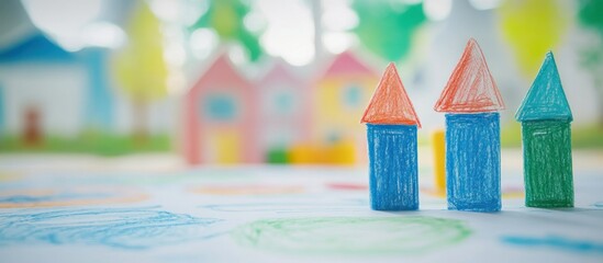Colorful crayon houses on a drawing, child's play, imagination, creativity