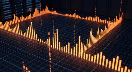 Orange data visualization, resembling a square graph, inside a dark server room