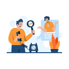 Cartoon Man Holding Magnifying Glass Above Faq With Old Telephone On White Background Service Orange Shirt And Blue Pant, Cartoon Style