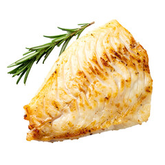 Grilled fish fillet with rosemary sprig on black background