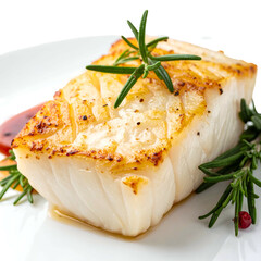 Close-up of golden-brown pan-seared white fish fillet garnished with rosemary