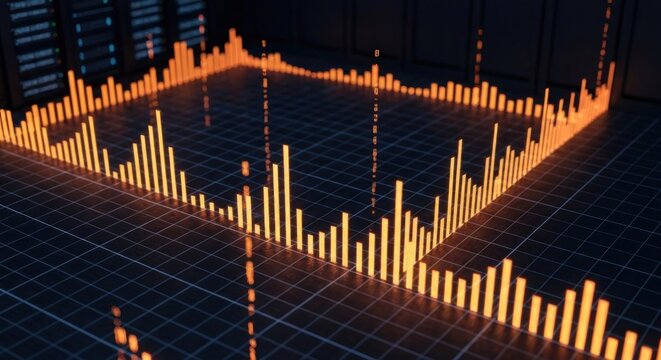 Orange data visualization, resembling a square graph, inside a dark server room