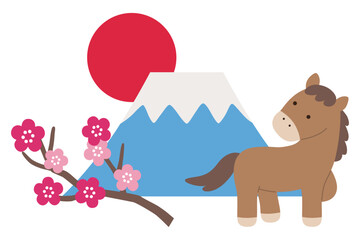 午年の正月飾りのイラスト。2026年、かわいい、馬、年賀状