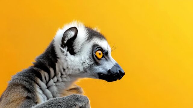 Ring-tailed lemur with striking yellow eyes on bright background