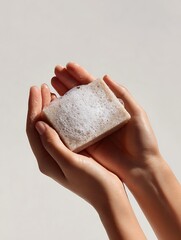 two hands holding soap bar with soft foam, skincare hygiene product ad,