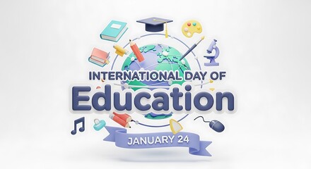 International day of education on january 24, featuring a globe surrounded by educational symbols such as books, graduation cap, pencil, microscope, and computer mouse, isolated on a white background