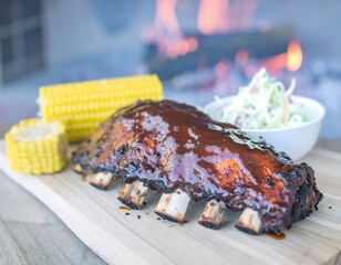BBQ ribs with corn and slaw on a wooden board