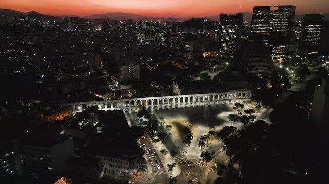 Aerial Night View of Arcos da Lapa in Rio de Janeiro, Brazil