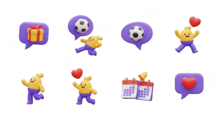 Collection of playful cartoon icons featuring hearts soccer balls gifts and happy characters in purple speech bubbles