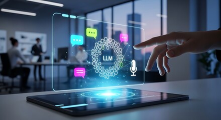 Hand interacting with a futuristic holographic interface displaying llm large language model icons for communication, microphone, and chat, representing ai technology