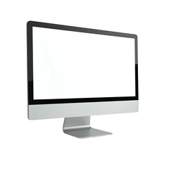 A modern, sleek, silver all-in-one desktop computer, with a bright blank screen