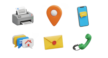 Six distinct communication and office icons including printer location phone message envelope and handset.