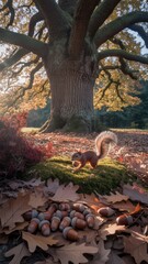Fototapeta premium Curious Squirrel Gathering Acorns Under Majestic Oak Tree in Autumn Forest Park at Sunrise - Nature Wildlife Concept