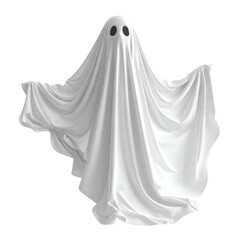 A white, floating ghost figure, with eyeholes, draped in cloth, against a black backdrop