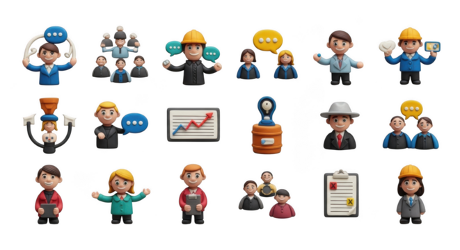 Collection of cartoon business people icons representing teamwork communication and collaboration
