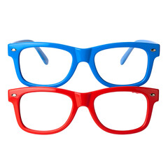 Two pairs of colorful glasses, one blue, one red, sit atop each other against a black background