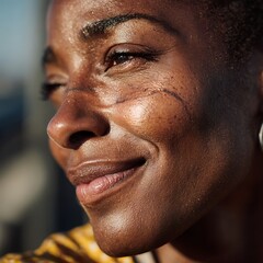 Obraz premium A dark-skinned woman with a thin scar, her lips smiling faintly.
