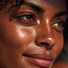 Naklejka premium A dark-skinned woman with a thin scar, her lips smiling faintly.