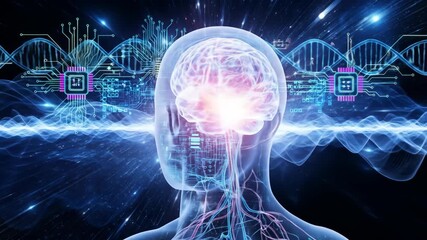 Futuristic Visualization of Human Brain Connectivity with Technological Integration, Illustrating Artificial Intelligence and Neural Networks in a Digital World - Powered by Adobe
