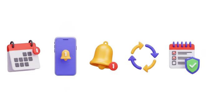 Collection of app icons calendar notification bell refresh and checked calendar for digital interfaces
