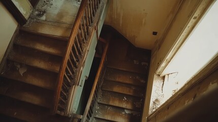 Abandoned building's decaying staircase, interior view, light from broken window