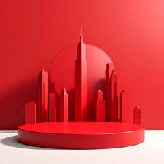 Red, minimalistic urban podium display with city skyline background