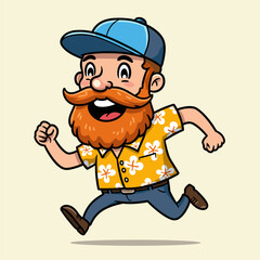 Cartoon man with orange beard in yellow floral shirt runs joyfully, smiling under a blue cap against a beige background.