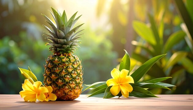 Fresh pineapple with yellow flowers on a wooden surface in sunlight.
