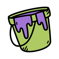Cartoon Paint Bucket With Dripping Purple Paint and Light Green Container on Transparent Background