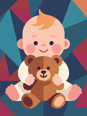Illustration Of Cute Baby With His Teddy Bear Vector Design Template