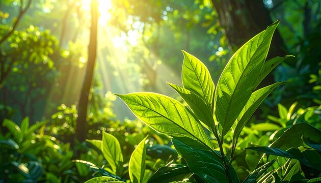 Lush green foliage bathed in sunlight, a vibrant forest scene.