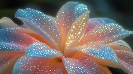 Close-up of delicate, glowing flower petals with shimmering droplets, soft lighting, bokeh effect
