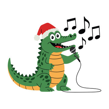 A cheerful cartoon alligator wearing a Santa hat, singing into a microphone with musical notes floating around