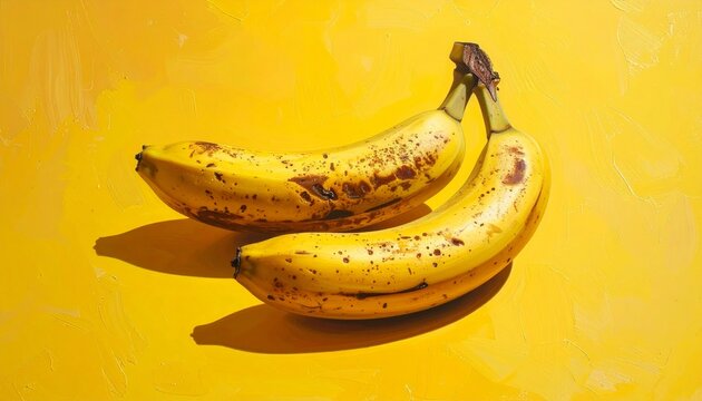 Two ripe bananas with brown spots on a yellow background.