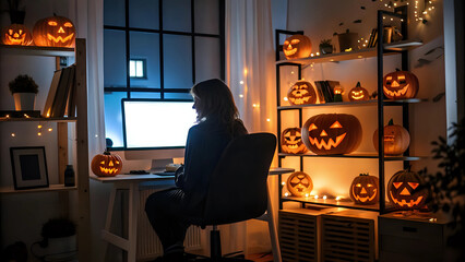 Businesswoman working or studying late on computer, home office, festive decorated with glowing jack-o'-lanterns - Halloween festive celebration, remote work, freelance, digital nomad, job 
