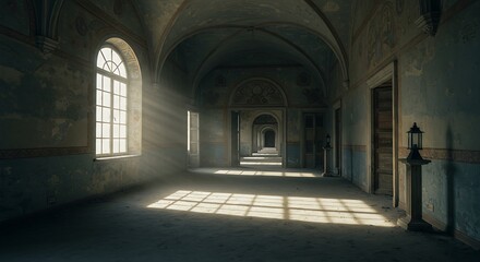 Fototapeta premium Empty square room with Ancient corridor with doors in an old house, castle, monastery. Vintage interior