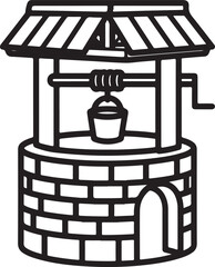 Illustration of a brick water well with a bucket, the well is made of bricks and has a circular shape, with a bucket hanging from a rope on