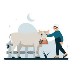 Man in Traditional Hat with White Cow Offering Food in Minimalist Eid Al Adha Illustration with Blue Background