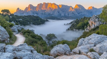 A path winds through a rocky landscape toward misty valley and illuminated mountain peaks at dawn