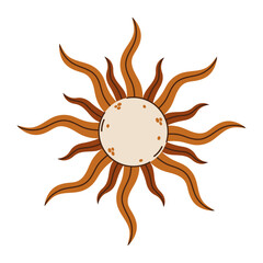 Shining sun vector illustration. Bright celestial star with wavy rays, sunlight. Vintage hand drawn clip art, isolated on white. Symbol of astronomy, astrology, occultism. Boho design, golden sunburst
