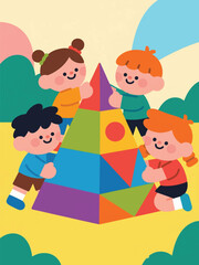 Illustration Of Cute Little Children Playing With Colorful Toy Pyramid Vector Design Template