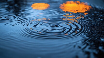 Close-up of water droplets creating concentric ripples, reflecting blurred orange lights