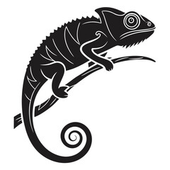 Stylized black chameleon with white accents on a branch