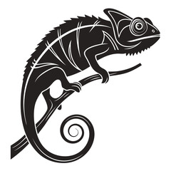 Stylized black chameleon perched on a branch