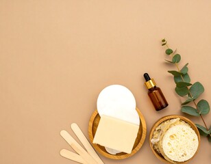 Beige background, spa supplies soap, cotton rounds, serum, wooden tools, eucalyptus sprig