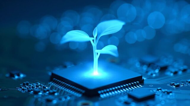 Future of Technology AI Plant Growing on Computer Chip Innovation and Sustainability Sustainable digital innovation